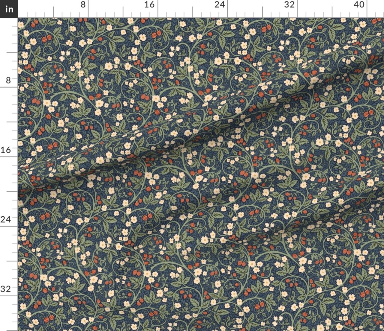 Green Vintage Leaves Floral Berries Victorian Hand Drawn Scroll Arts And Crafts Art Nouveau Botanical Medium Scale Custom Printed Fabric by Spoonflower Various Fabrics by the Yard or Fat Quarter